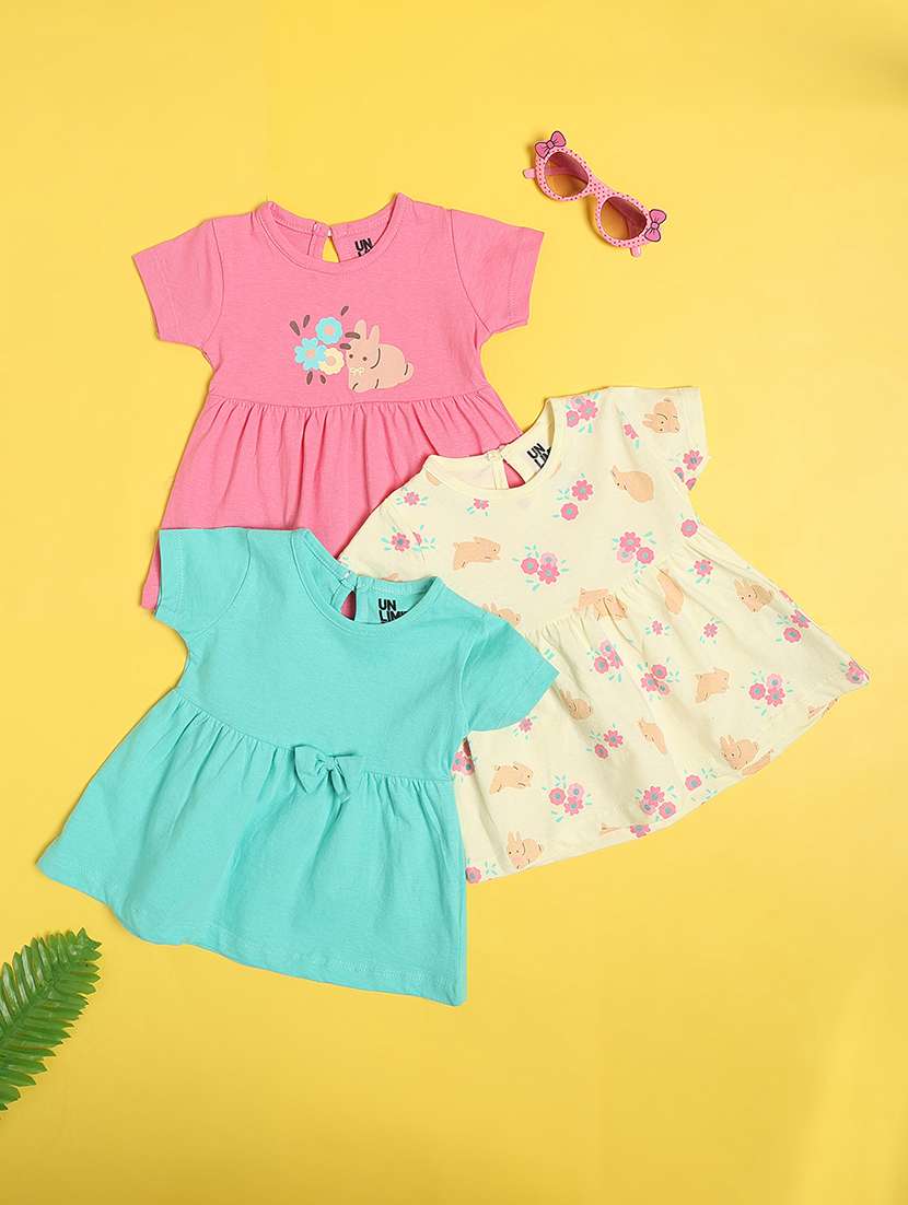 girls pack of 3 printed round neck frock