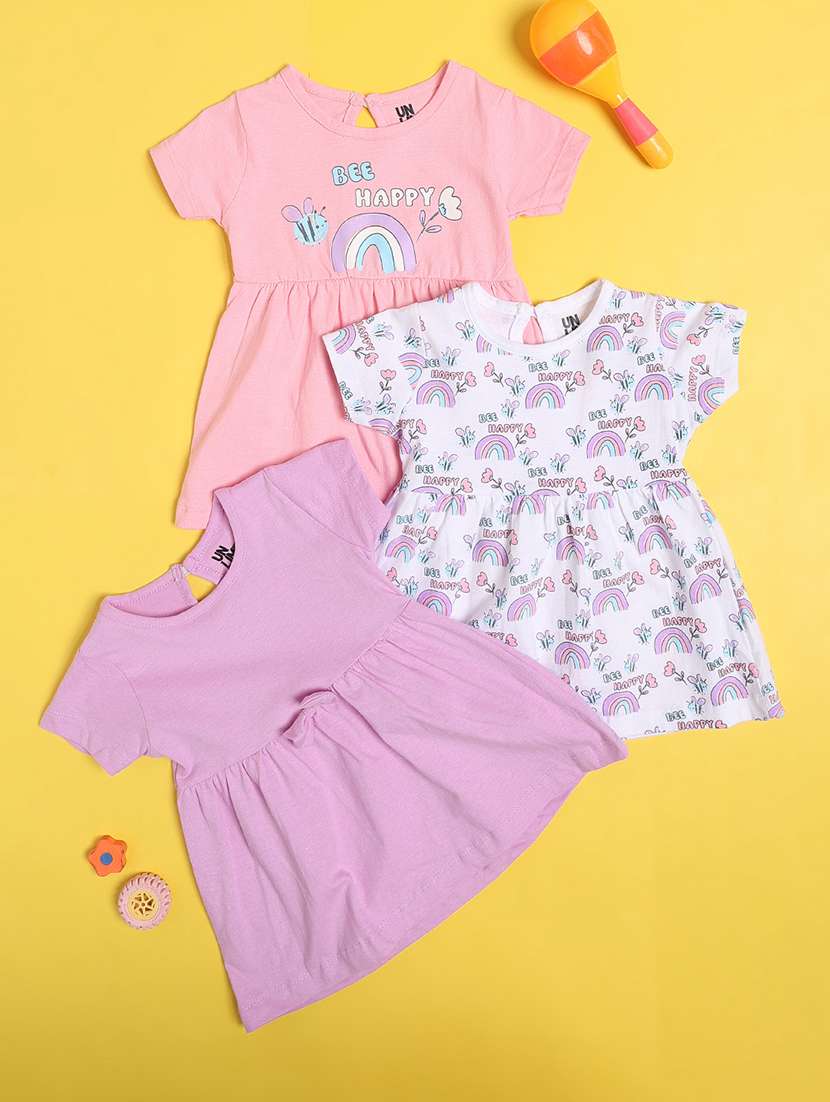girls pack of 3 printed round neck frock