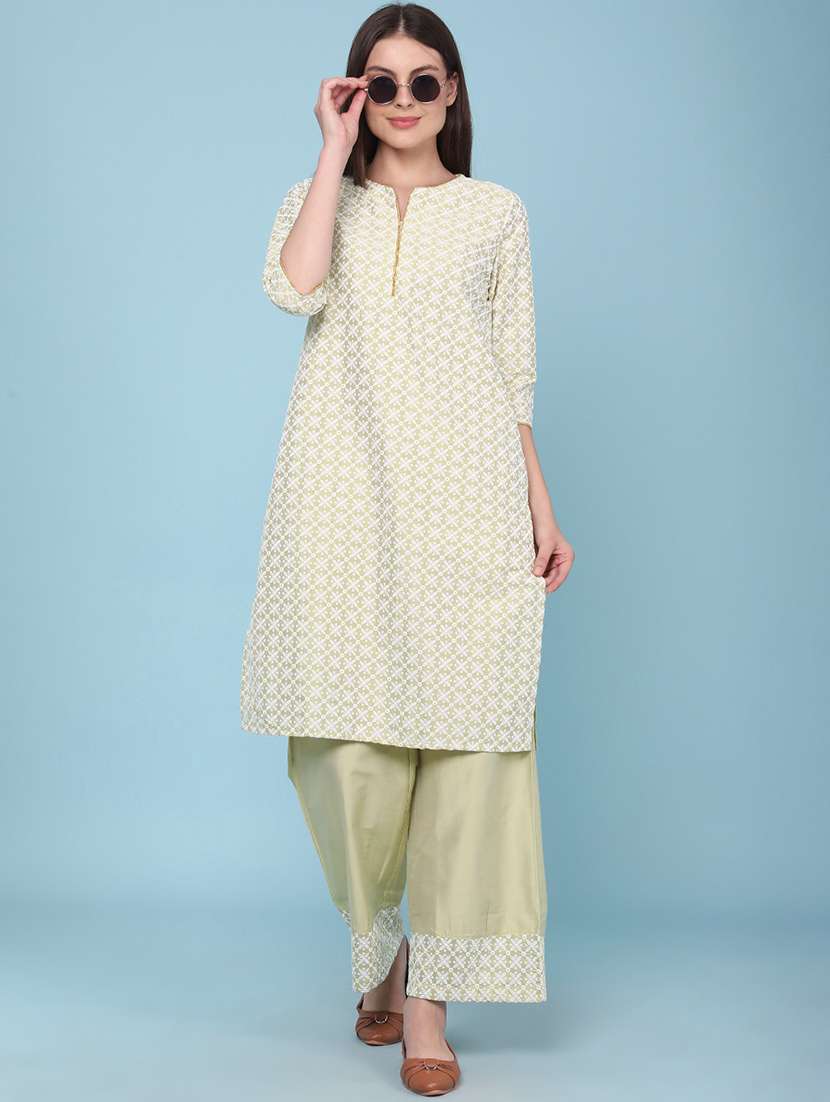 women embroidered three quarter sleeves kurta palazzo set