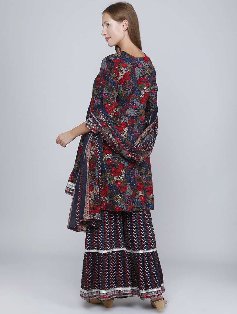 Women Printed Three Quarter Sleeve Kurta Sharara With Dupatta Set - 22340133 -  Standard Image - 3