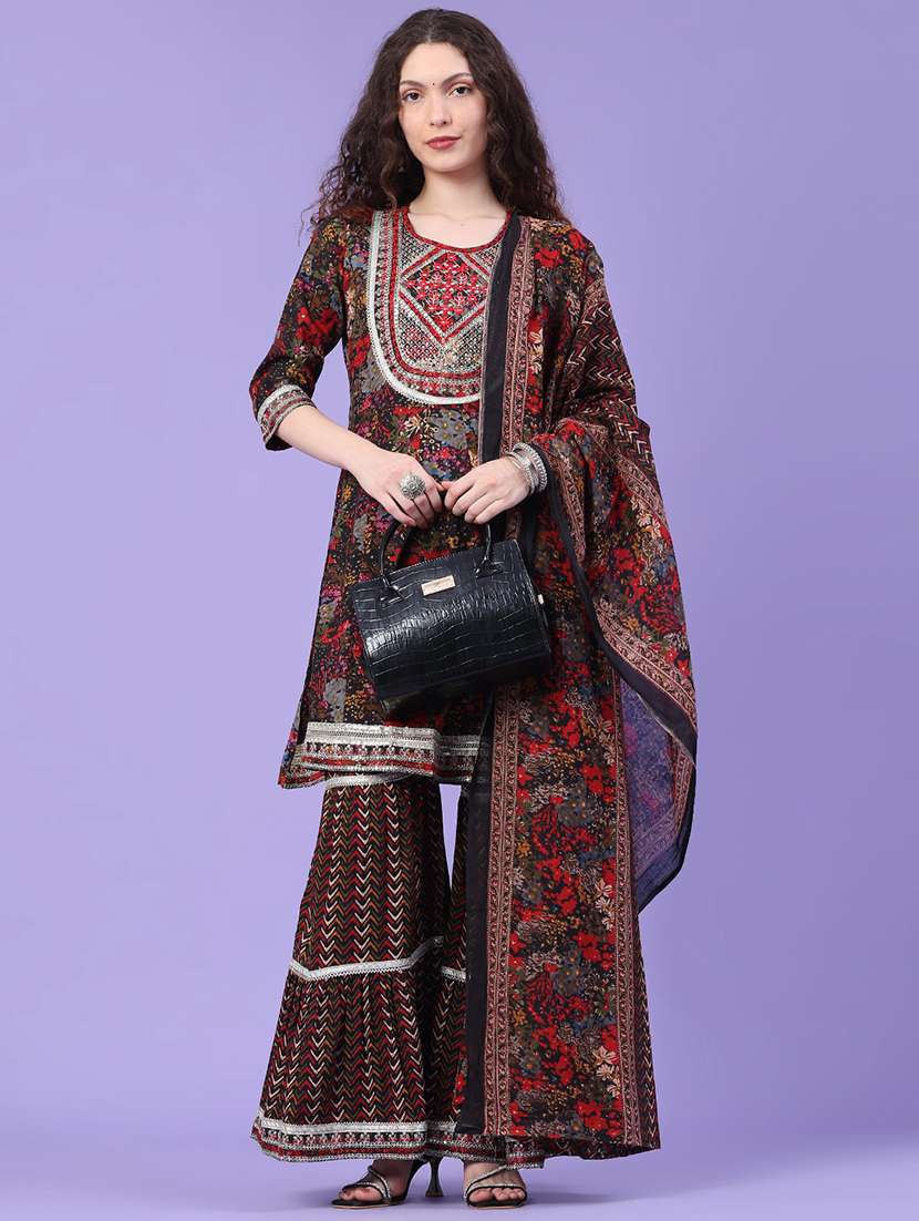 women printed three quarter sleeve kurta sharara with dupatta set