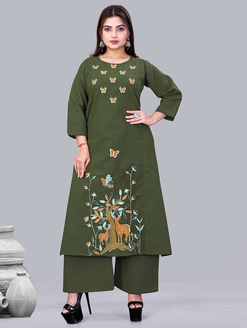 women solid with work three quarter sleeve kurta palazzo set