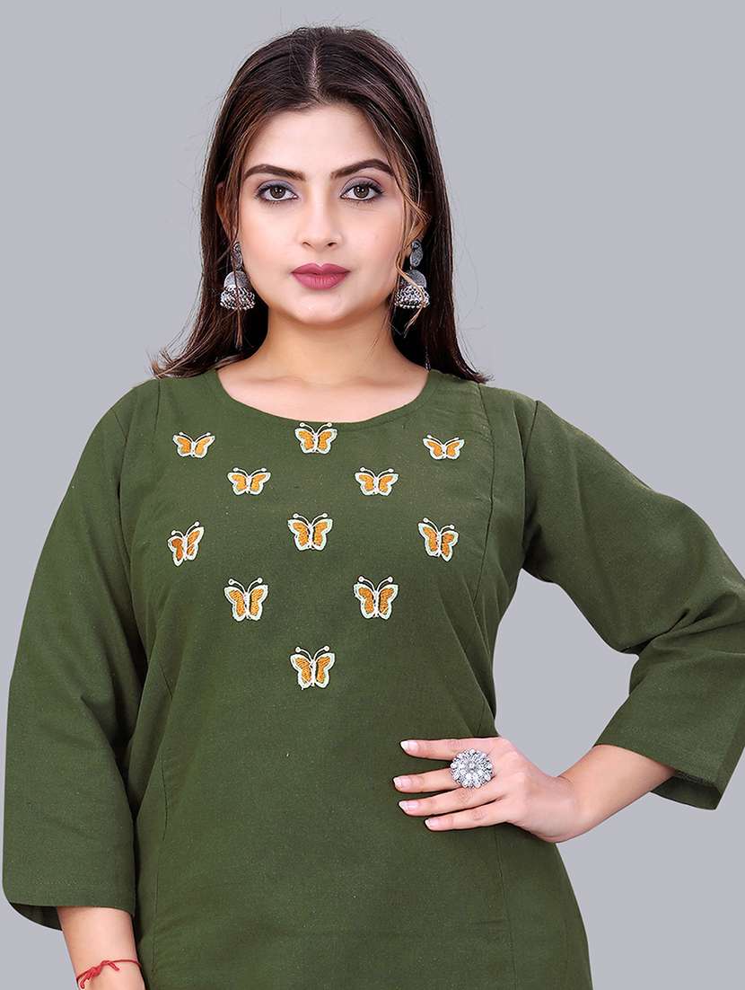 women solid with work three quarter sleeve kurta palazzo set - 22340404 -  Standard Image - 3