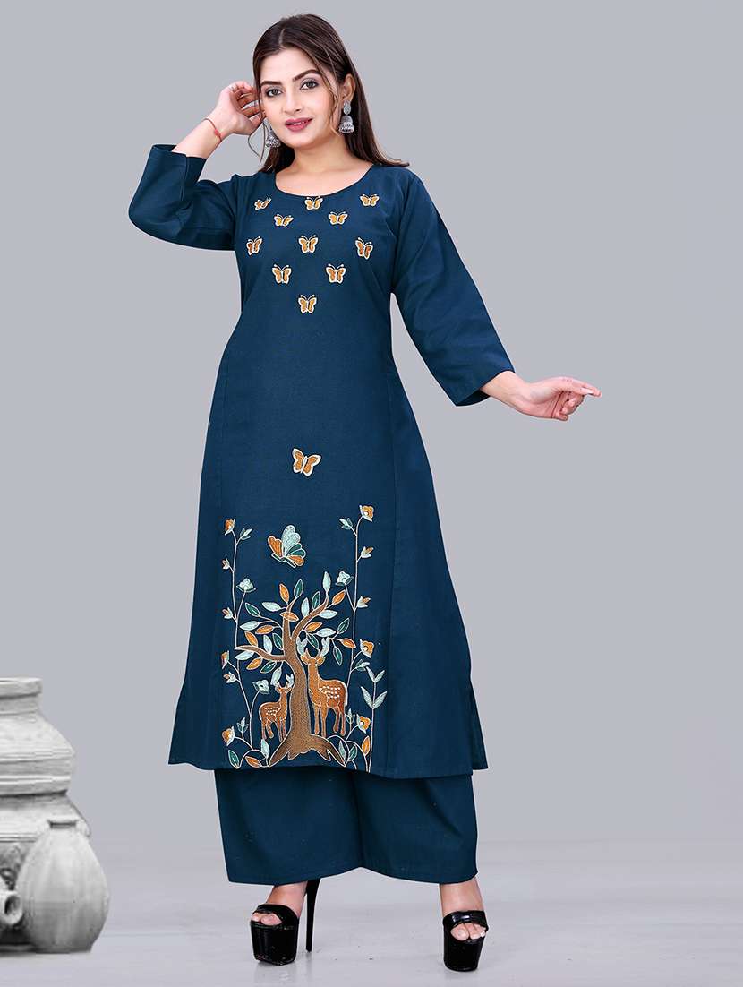 women solid with work three quarter sleeve kurta palazzo set