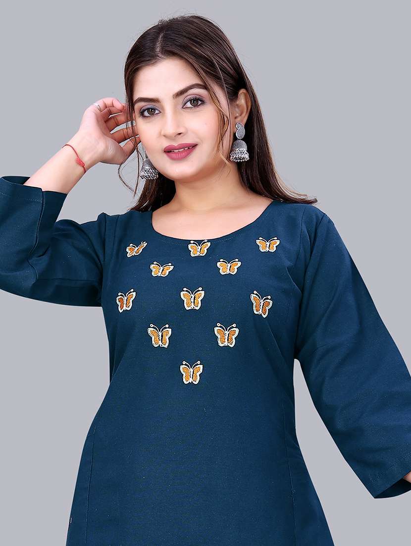 women solid with work three quarter sleeve kurta palazzo set - 22340405 -  Standard Image - 3