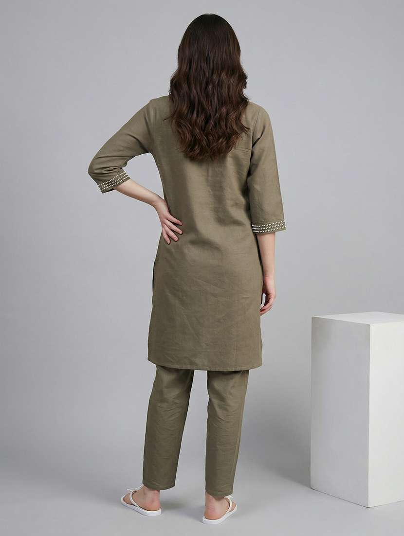 women solid with work three quarter sleeve ethnic co-ord set - 22340711 -  Standard Image - 3