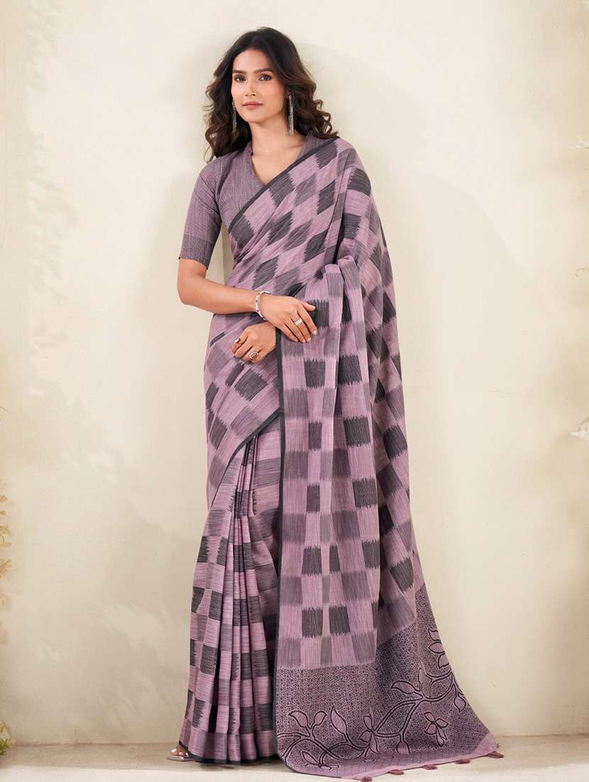 women checkered casual wear saree with blouse