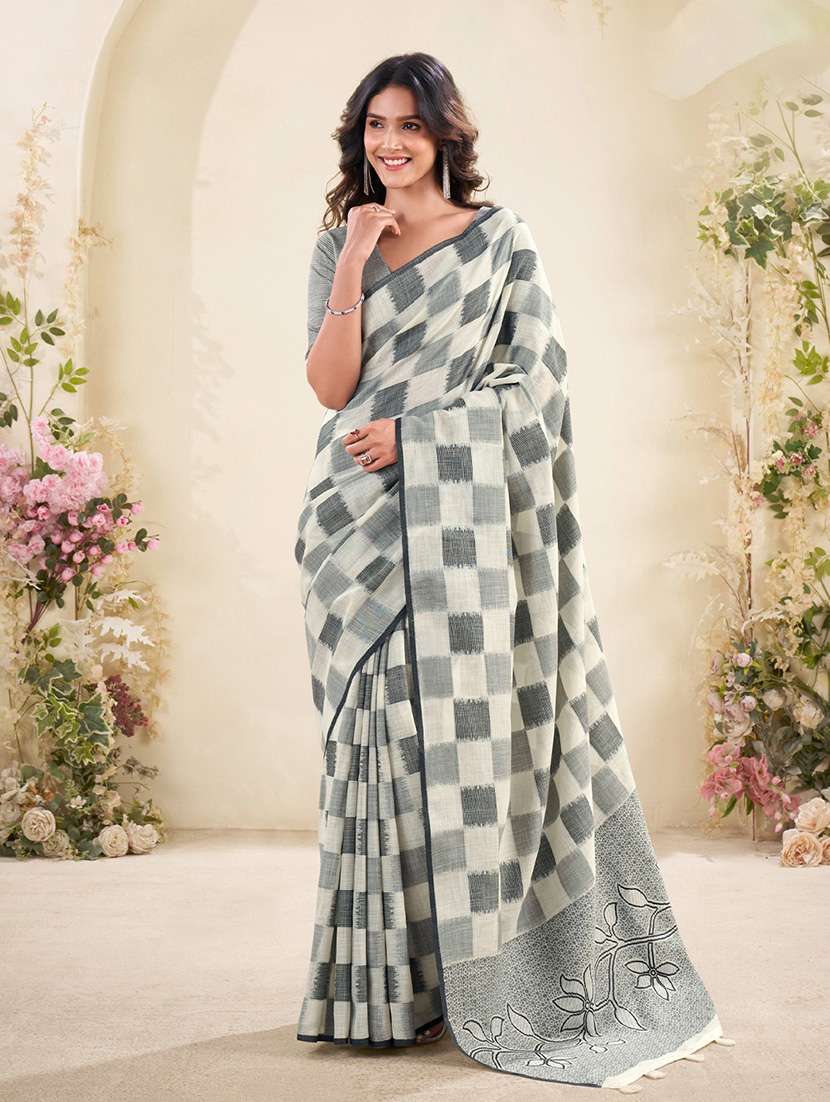 women checkered casual wear saree with blouse