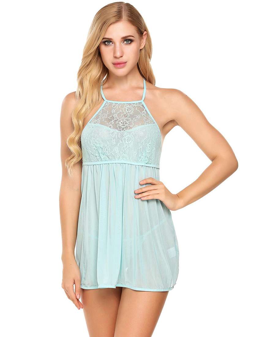 women self designed halter neck lace babydoll