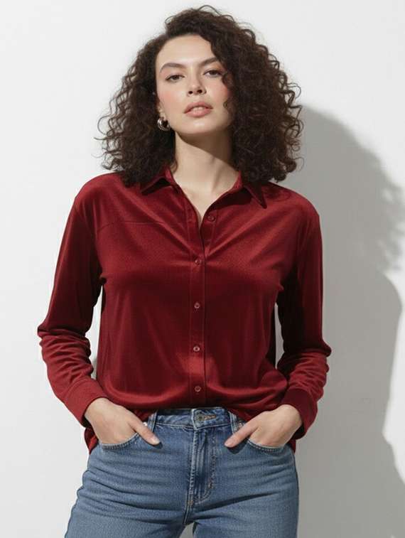 women solid collared long sleeve shirt