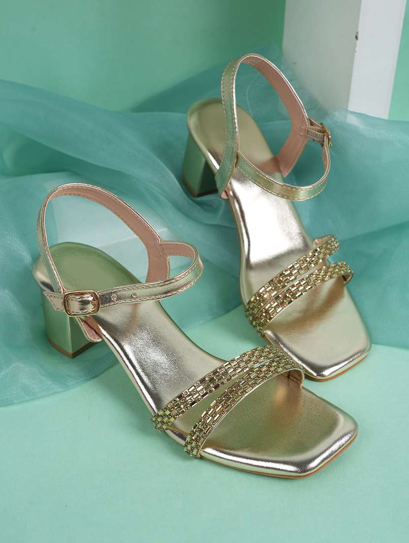 women embellished back strap block heels