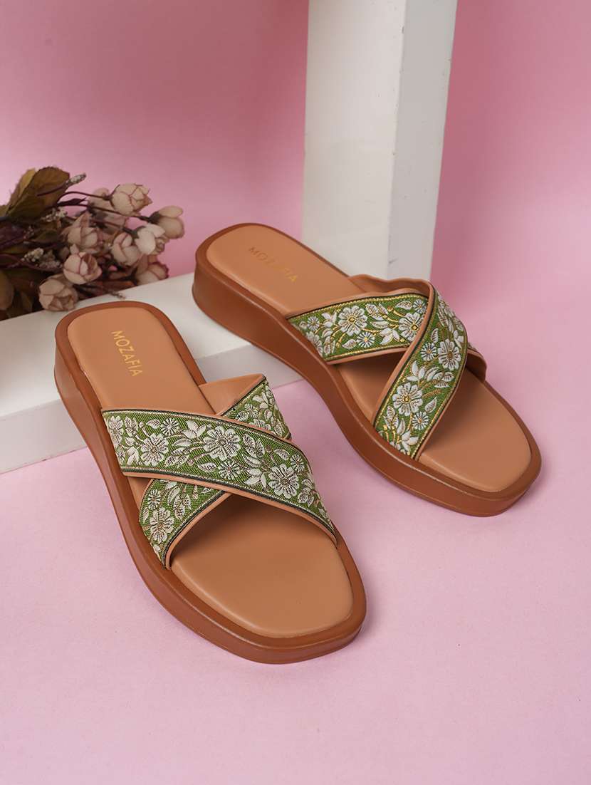 women embroidered slip on flat sandal