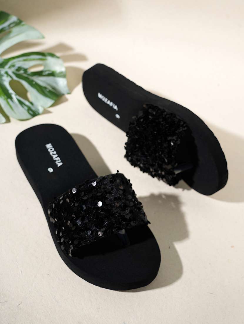 women sequined slip on flat sandal
