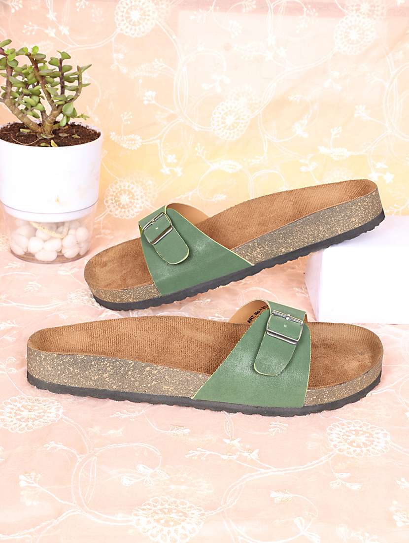 women green slip on flat sandal