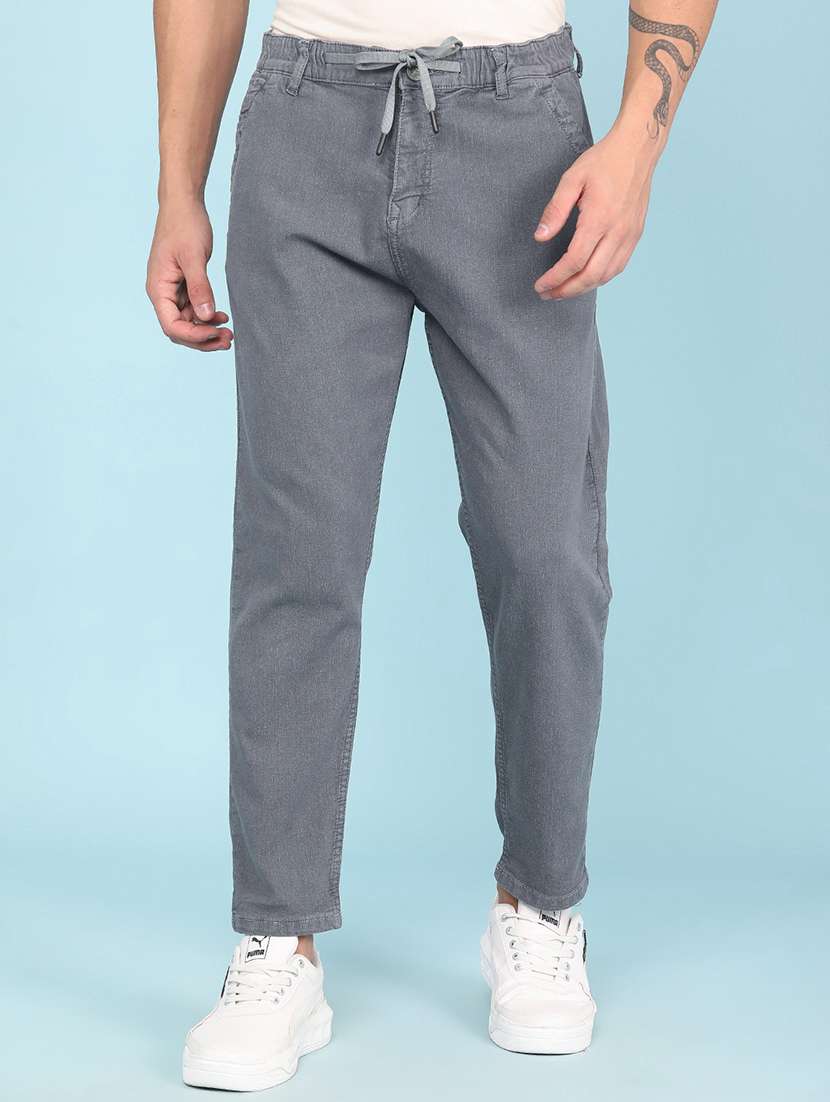 men plain mid rise full length tapered jeans