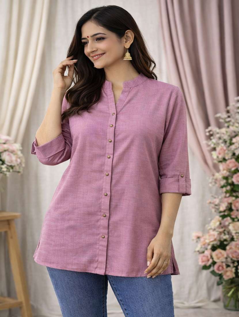 women solid roll up sleeve a-line kurti