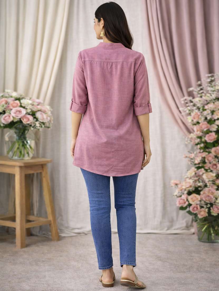 women solid roll up sleeve a-line kurti - 22342010 -  Standard Image - 3