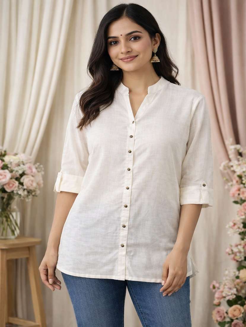 women solid roll up sleeve a-line kurti