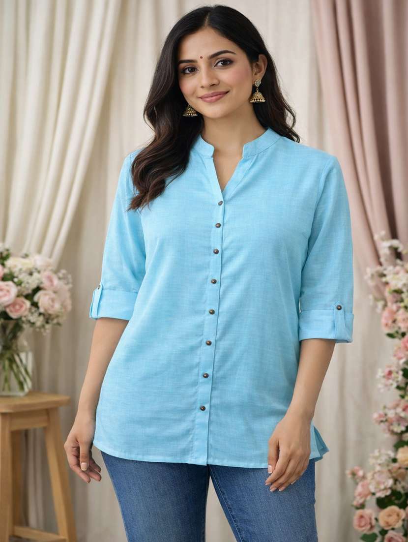 women solid roll up sleeve a-line kurti