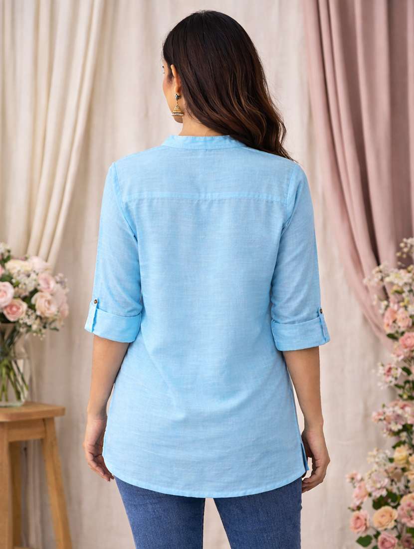 women solid roll up sleeve a-line kurti - 22342013 -  Standard Image - 3