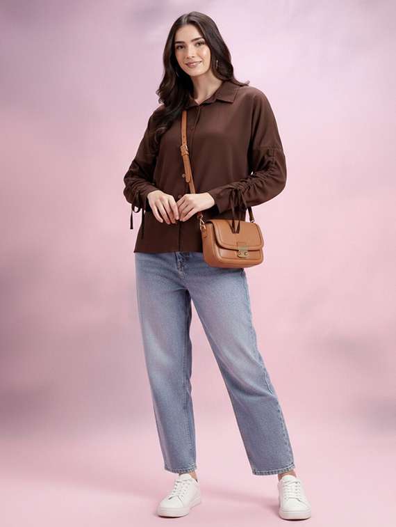 women solid collared long sleeve shirt