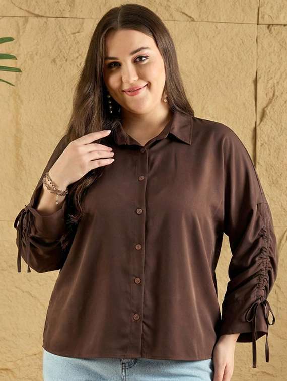 women plus sizd solid collared long sleeve shirt