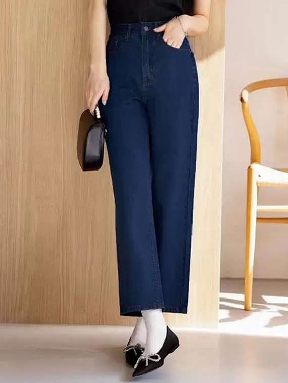 women solid high rise straight jean