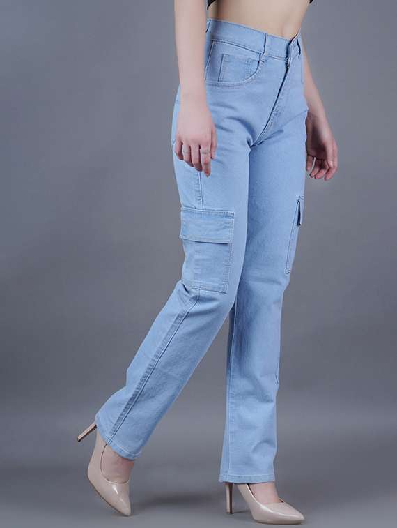 women solid high rise denim cargo
