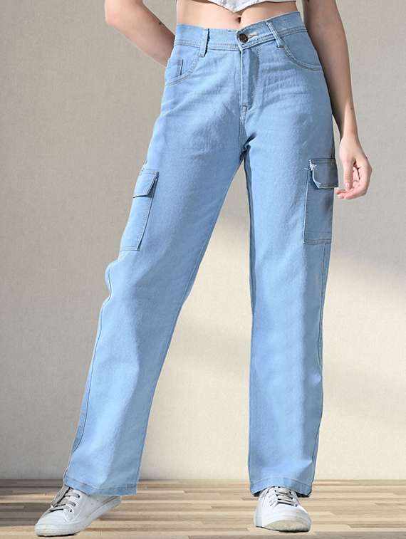women solid mid rise denim cargo