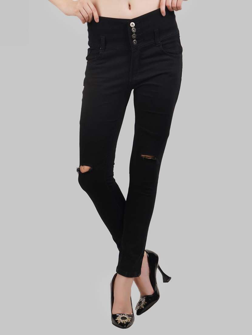 women solid slash knee mid rise slim fit jean