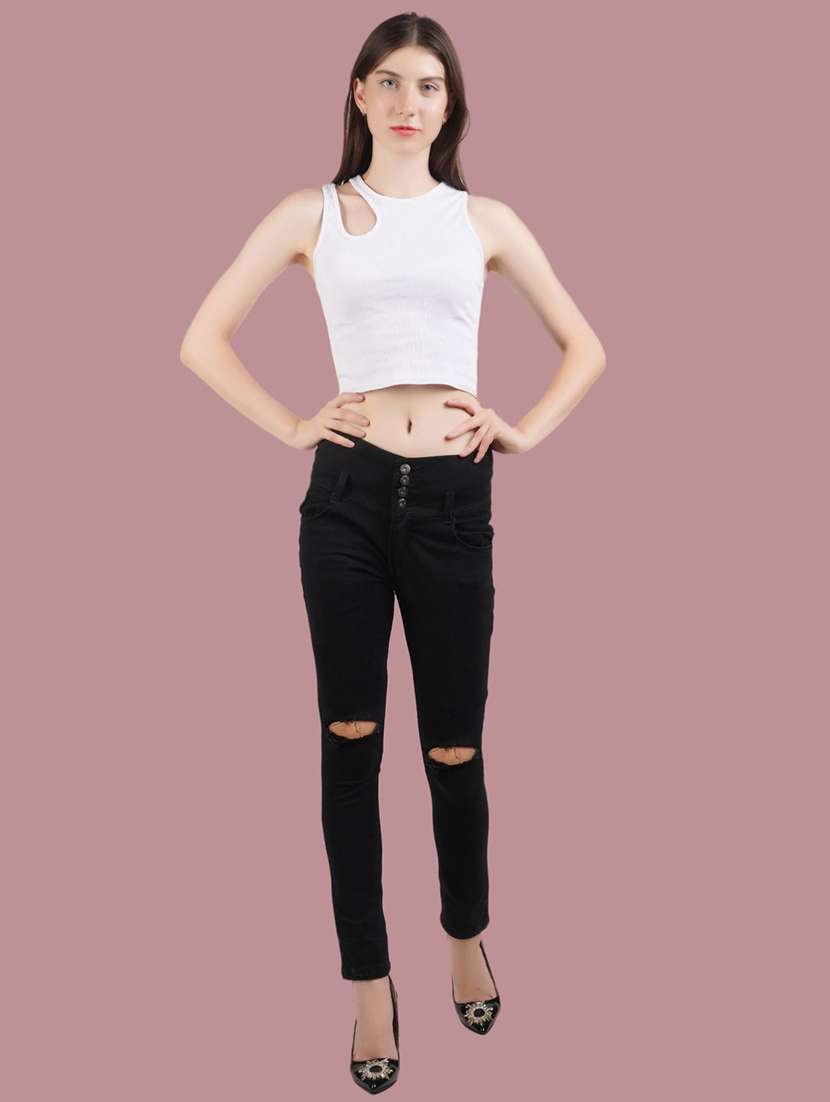 women solid slash knee mid rise slim fit jean - 22342728 -  Standard Image - 3