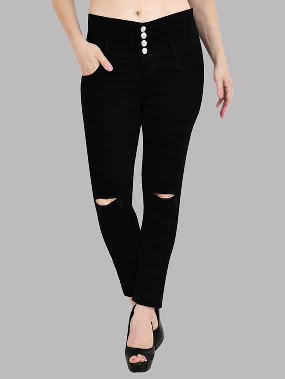women solid slash knee mid rise slim fit jean