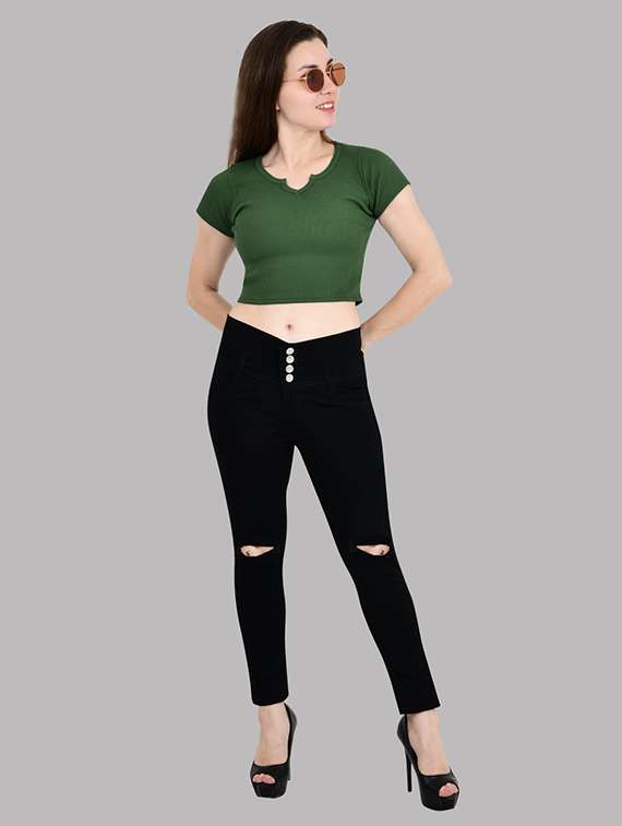 women solid slash knee mid rise slim fit jean - 22342733 -  Standard Image - 3