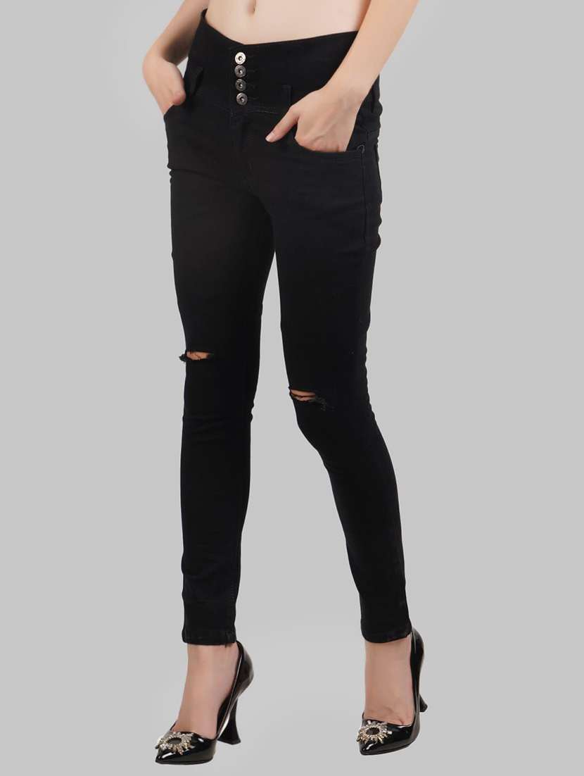 women slash knee mid rise slim fit jeans