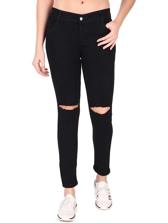 women solid slash knee mid rise slim fit jean