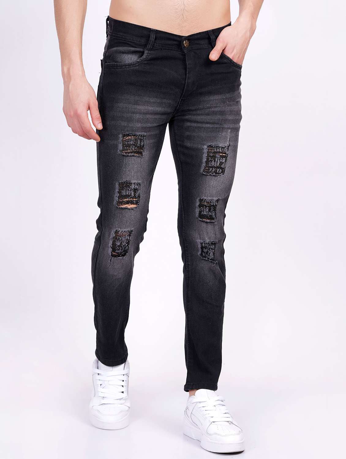 men distress mid rise full length slim fit jeans
