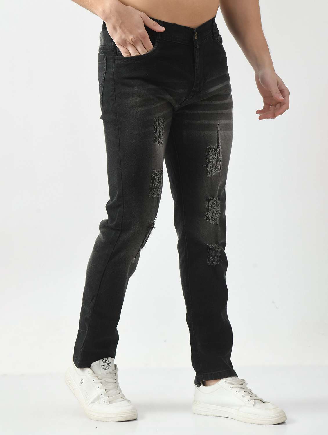 men distress mid rise full length slim fit jeans