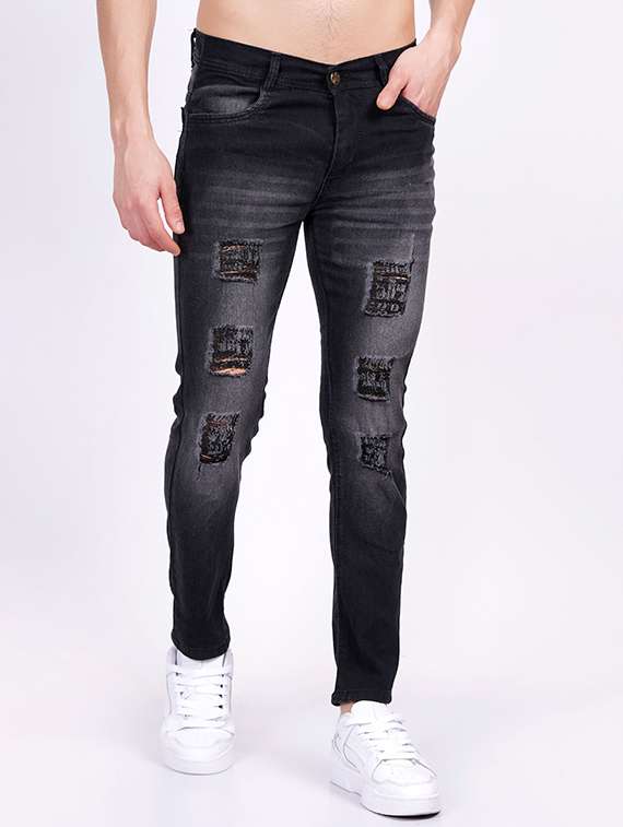 men distress mid rise full length slim fit jeans