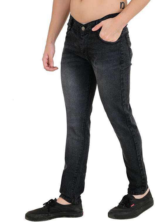 men washed mid rise full length jeans