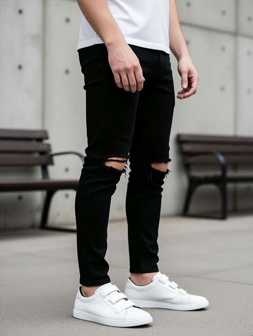 men slash knee mid rise full length jeans