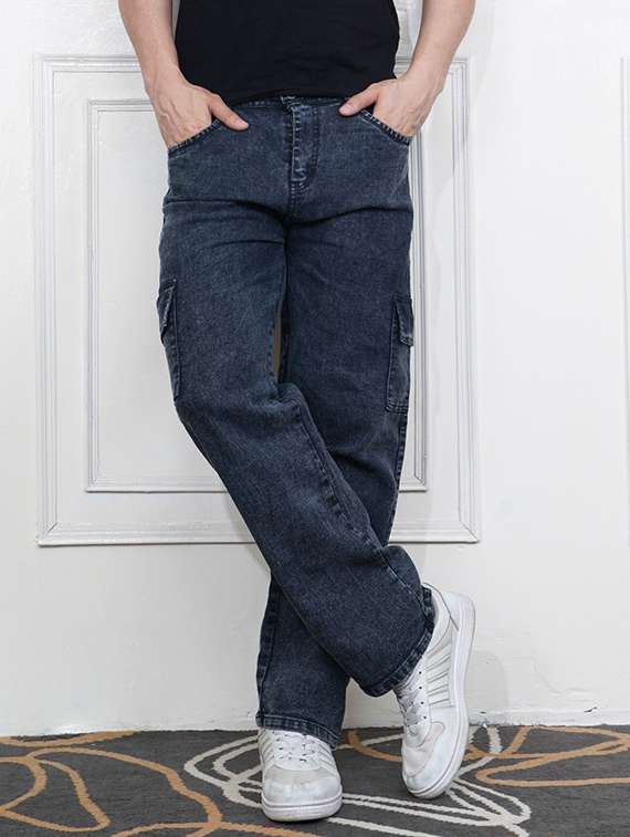 men washed mid rise denim cargo