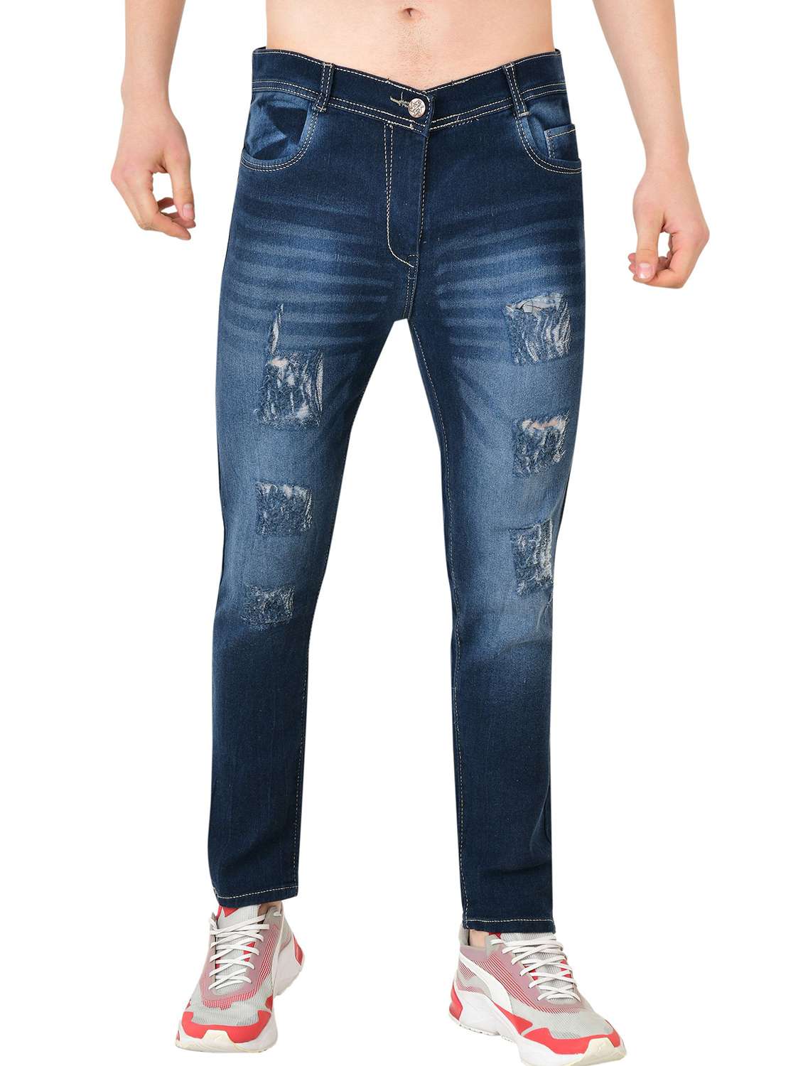 men distress mid rise full length slim fit jeans