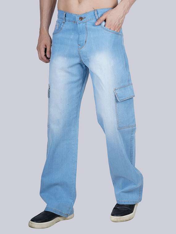 men washed mid rise baggy cargo