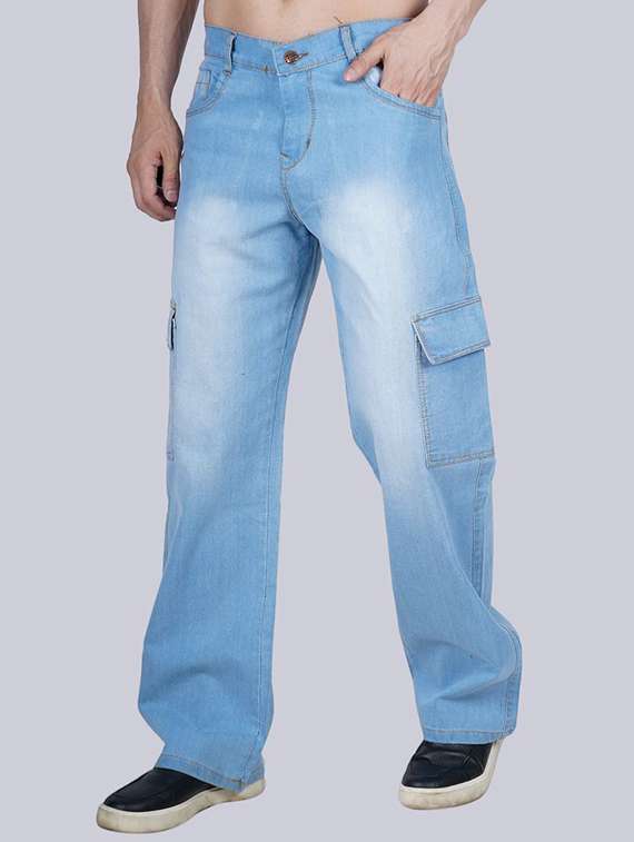 men washed mid rise denim cargo