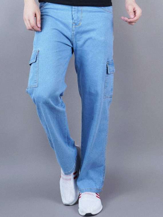 men solid mid rise denim cargo