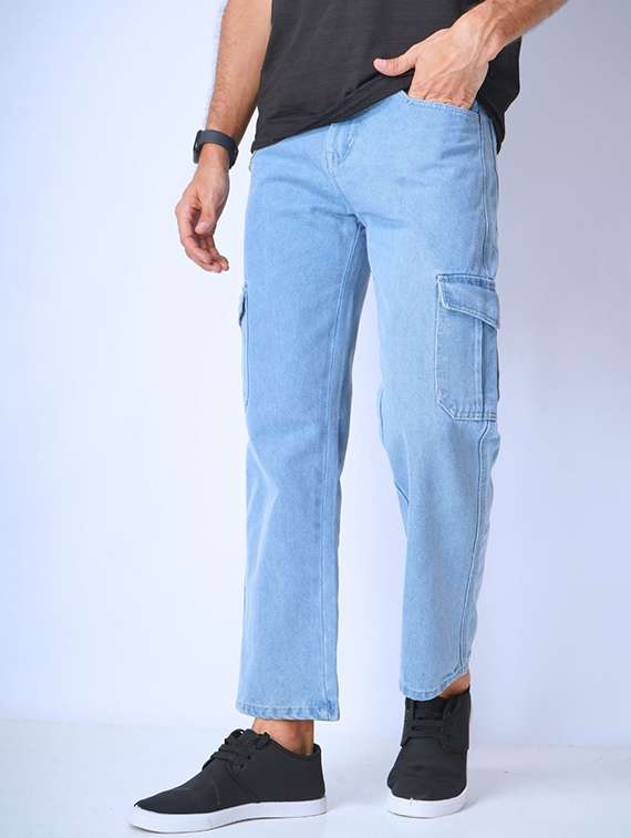 men solid mid rise denim cargo
