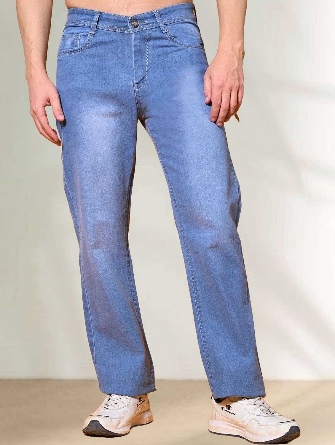 men washed mid rise full length jeans