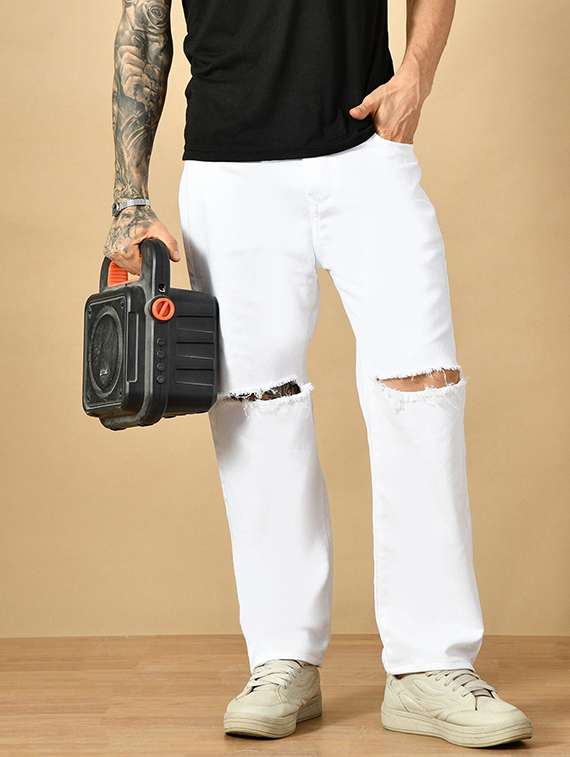 men slash knee mid rise full length denim jeans