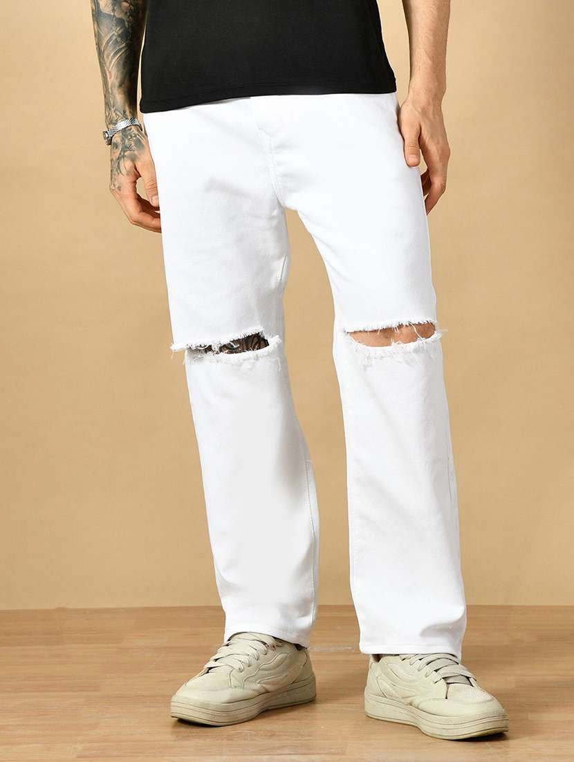 men slash knee mid rise full length straight jeans