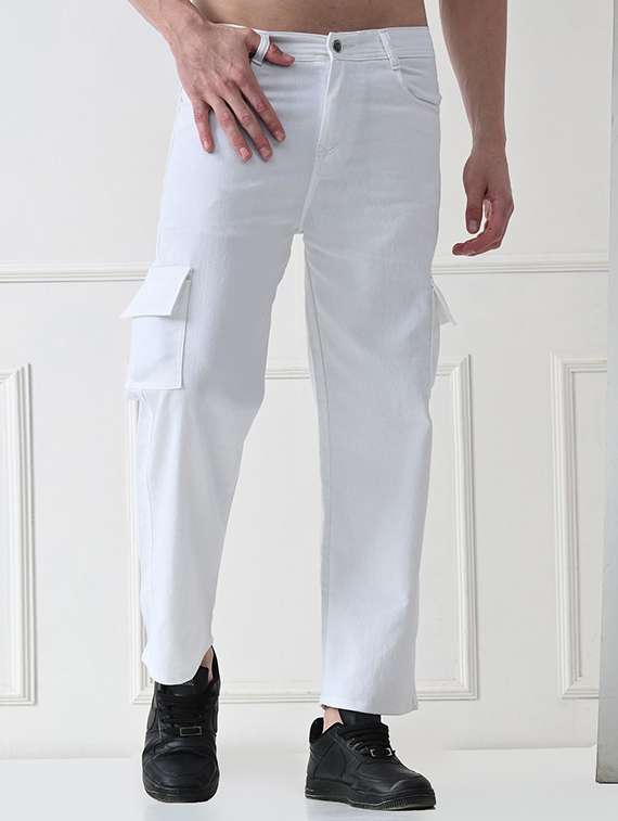 men solid mid rise denim cargo